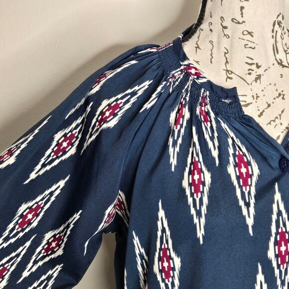 TUCKER Navy and Red Geometric Aztec Pattern Dress Long Sleeve Button Front Sz S - Picture 4 of 14